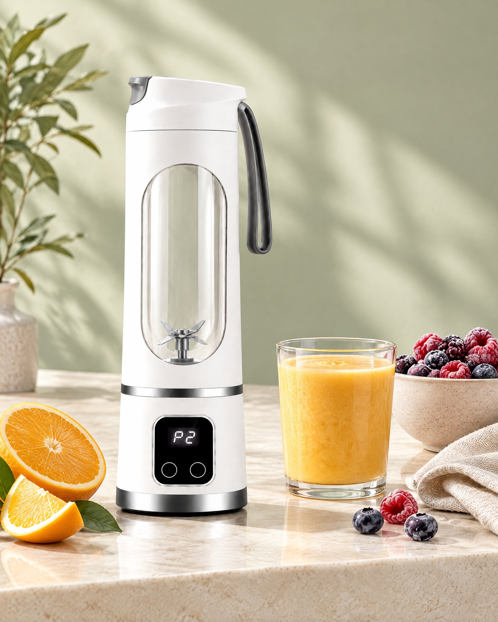 Freshly portable blender beside a bright citrus smoothie